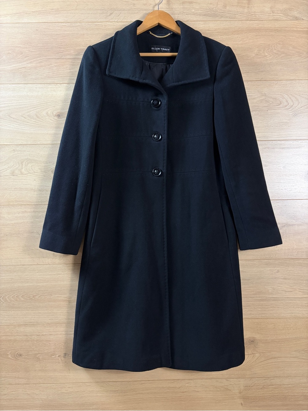 Ellen Tracy Black Wool Cashmere 3-Button Coat Mid-Length Size 6